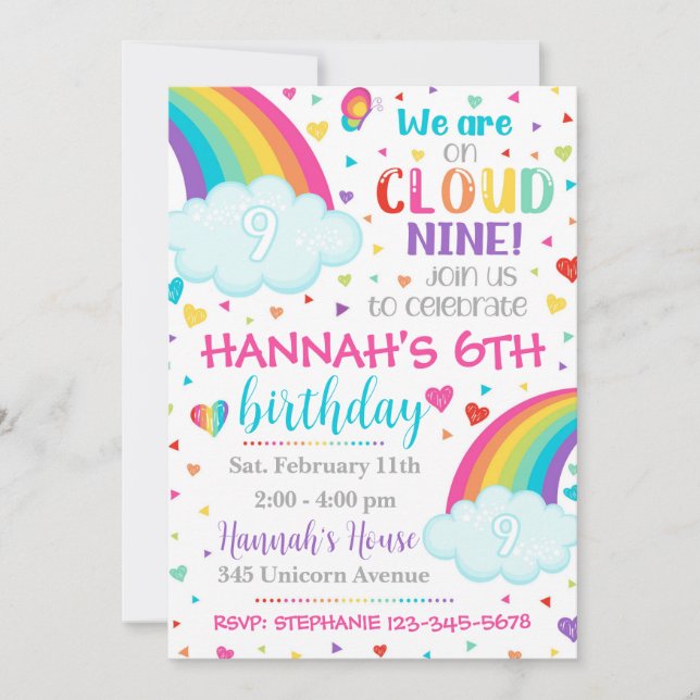 Cloud 9 Invitation, 9th Birthday Invitation (Front)