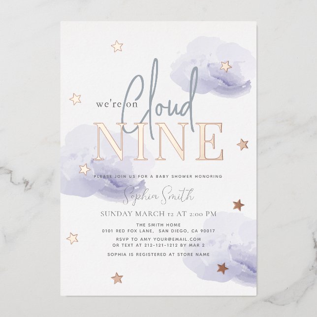 Cloud 9 Lavender Clouds Watercolor Boy Baby Shower (Front)