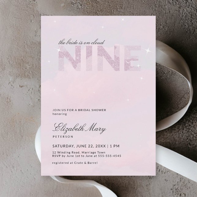 Cloud 9 Modern Dreamy Pink Glitter Bridal Shower Invitation (cloud 9 bridal shower invitation dreamy romantic pastel pink glitter clouds sky modern calligraphy)