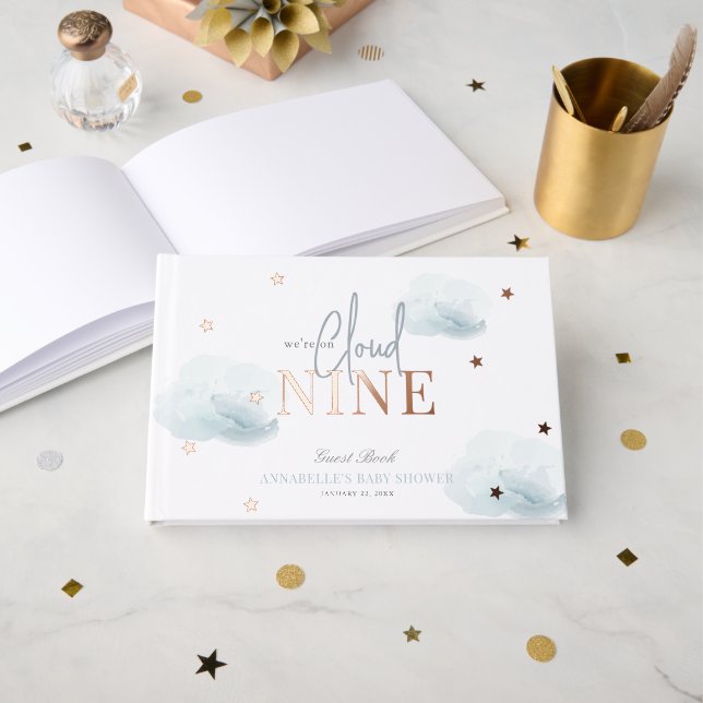 Cloud 9/Nine Blue Clouds Boy Baby Shower Guest Book (Front Open)