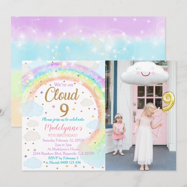 Cloud 9 Photo Invitation Rainbow 9th Birthday (Front/Back)
