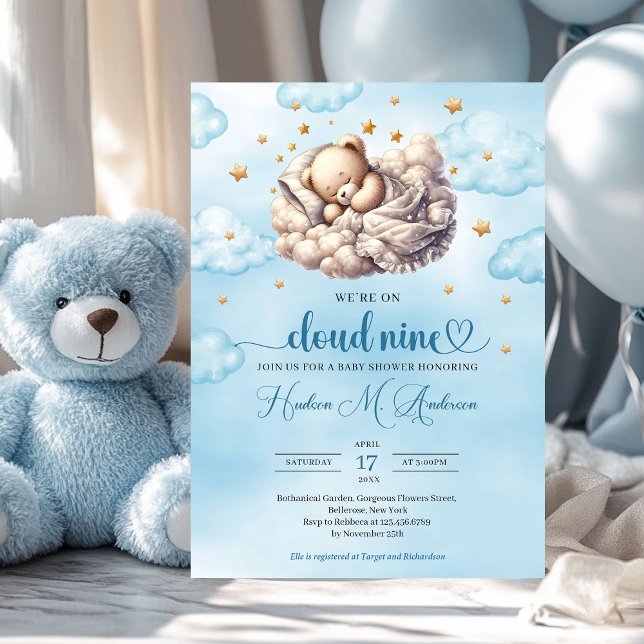 Cloud 9 Sleeping teddy bear Boy Baby Shower Invitation (we're on cloud nine boy baby shower invitation)