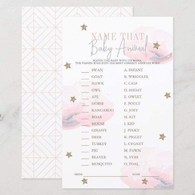Cloud 9 Star Pink Baby Shower Name the Baby Animal (Front/Back)