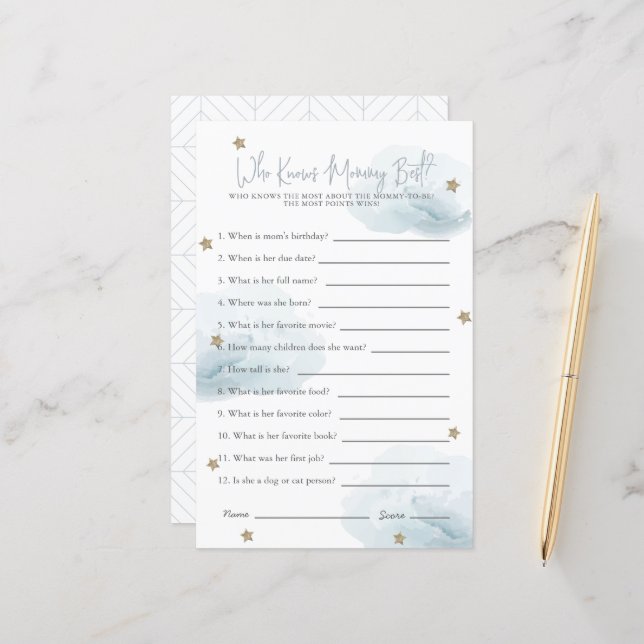 Cloud 9 Who Knows Mum Blue Baby Shower Game (Front/Back In Situ)