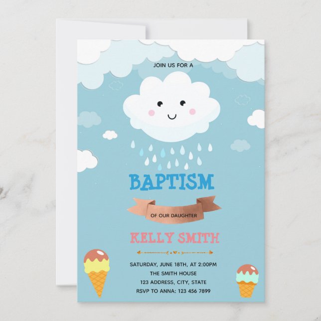 Cloud and icecream baptism theme Invitation (Front)