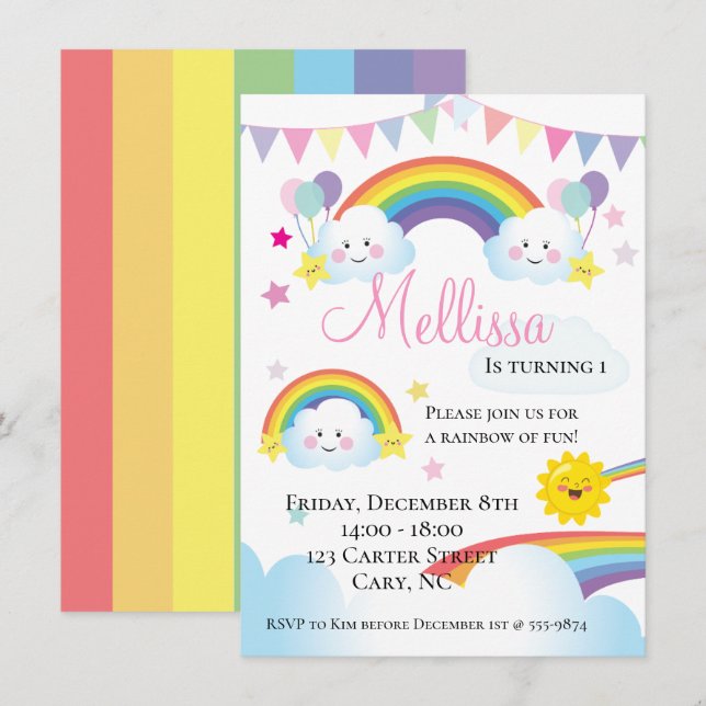Cloud and Rainbow Children Birthday party Invitation (Front/Back)