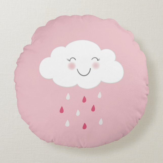 Cloud and Raindrops Pink Baby Round Cushion (Front)