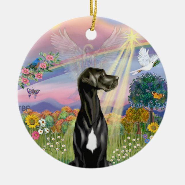 Cloud Angel - Black Great Dane (Natural ears) Ceramic Tree Decoration (Front)