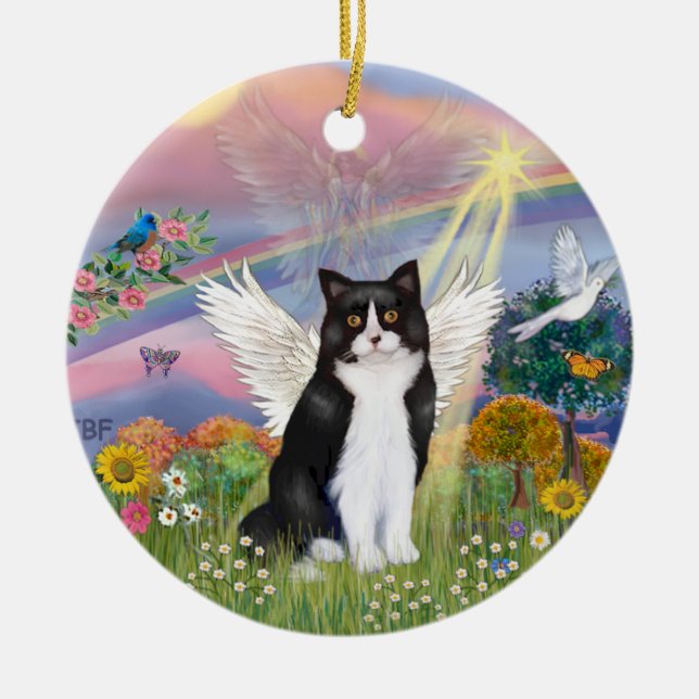 Cloud Angel - Black & White Cat Angel Ceramic Tree Decoration (Front)