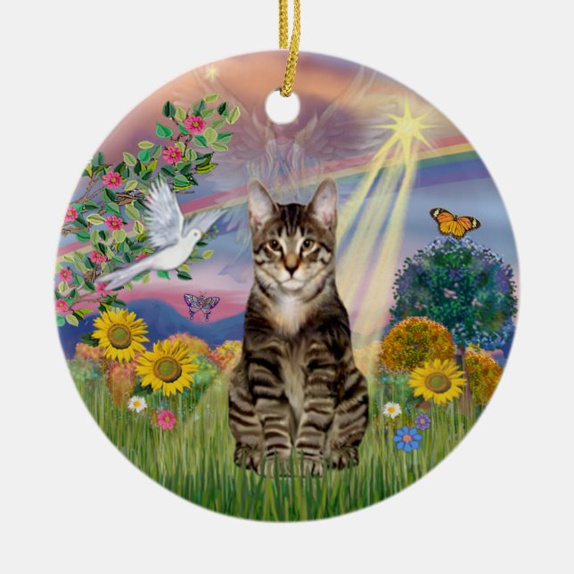 Cloud Angel - Tabby Tiger Cat Angel Ceramic Tree Decoration (Front)