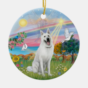 Cloud Angel - White German Shepherd Ceramic Tree Decoration