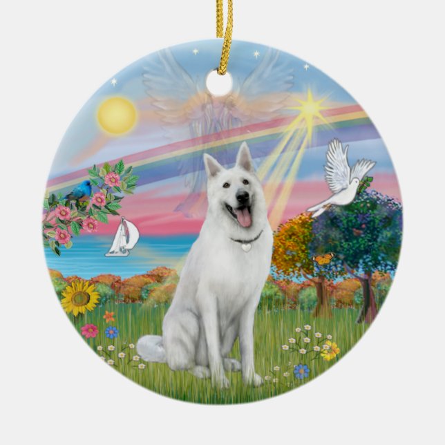 Cloud Angel - White German Shepherd Ceramic Tree Decoration (Front)