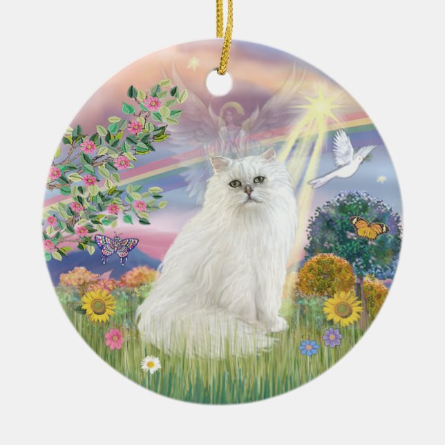 Cloud Angel -  White Persian Cat Ceramic Tree Decoration (Front)