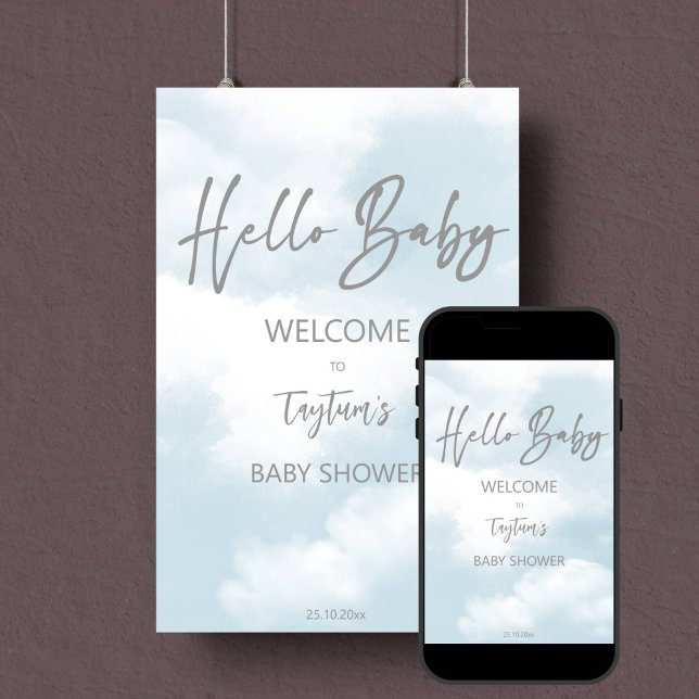 Cloud baby shower pastel grey clouds welcome sign (Cloud baby shower pastel grey clouds welcome sign editable template poster digital download)