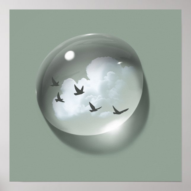 Cloud & Birds Water-drop Green Minimal Poster (Front)