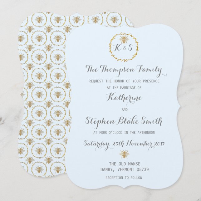 Cloud Blue and Gold Foil Golden Bees Wedding Invitation (Front/Back)