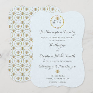 Cloud Blue and Gold Foil Golden Bees Wedding Invitation