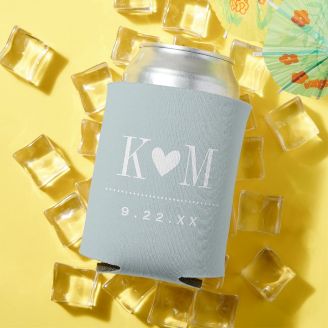 Cloud Blue Modern Wedding Monogram Can Cooler (In Situ Summer)