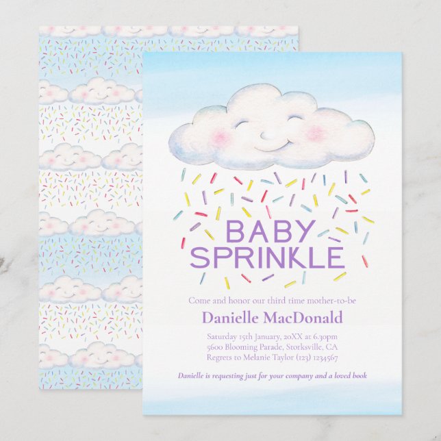 Cloud candy baby sprinkle colourful watercolor invitation (Front/Back)