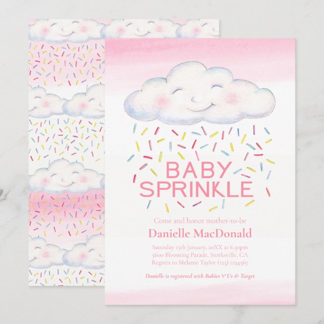 Cloud candy sprinkles pink watercolor baby shower invitation (Front/Back)