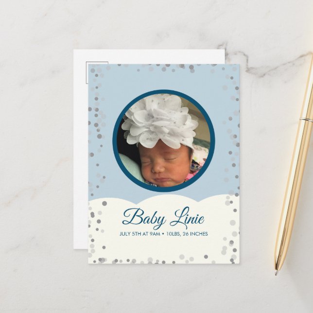 Cloud Confetti Dot Border Baby Grey Blue Announcement Postcard (Front/Back In Situ)