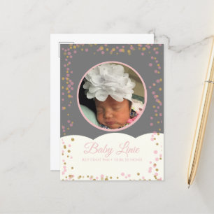 Cloud Confetti Dot Border Baby Grey Pink Announcement Postcard