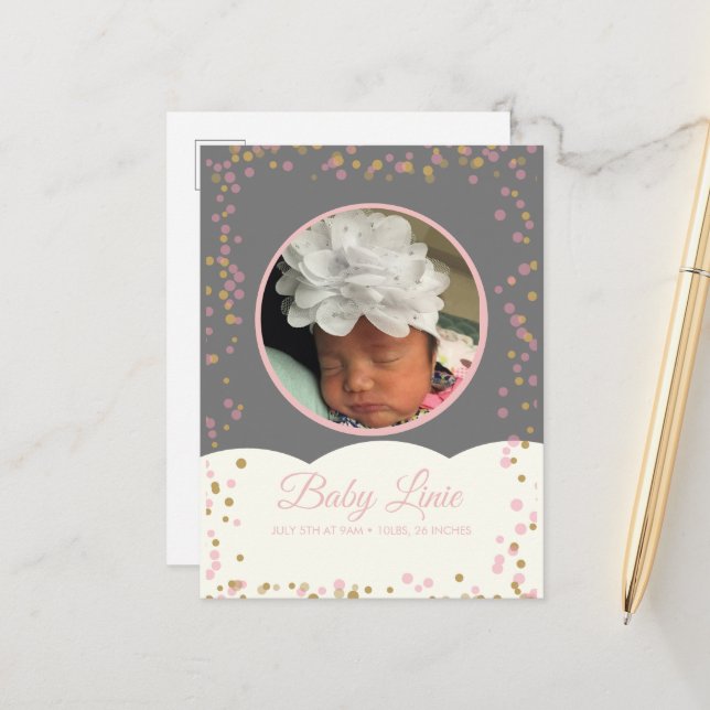 Cloud Confetti Dot Border Baby Grey Pink Announcement Postcard (Front/Back In Situ)