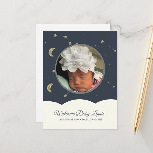 Cloud Constellation Faux Gold Baby Blue Announcement Postcard (Front/Back In Situ)