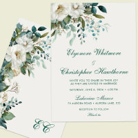 Cloud Dancer Forest Teal Script Floral Wedding
