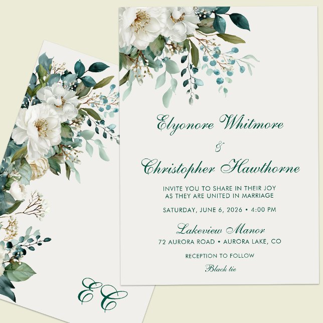 Cloud Dancer Forest Teal Script Floral Wedding Invitation (Creator Uploaded)