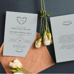 Cloud Grey Heart Wreath 2 in 1 Wedding Invitation