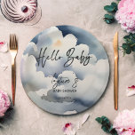 Cloud hello baby baby shower grey clouds template paper plate<br><div class="desc">Hello baby Cloud  baby shower template paper plates personalised baby shower tableware. Grey watercolor clouds modern casual font.</div>