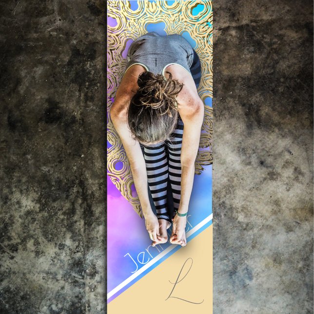 Cloud-kissed Serenity: The Golden Lace Yoga Mat (A female yogi exercises on Cloud-kissed Serenity: The Golden Lace Yoga Mat by fantabuloustef)