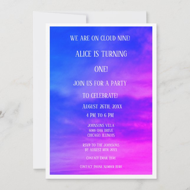 Cloud Nine 1st First Birthday QR Code Pink Blue  Invitation (Front)