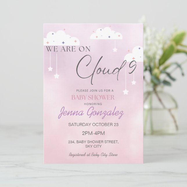 Cloud Nine 9 Girl Pink Baby Shower Invitation (Standing Front)