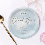 Cloud nine baby shower grey dusty blue paper plate<br><div class="desc">We're on cloud nine baby shower  template plates  personalised baby shower tableware. Pastel watercolor clouds,  grey modern script table decor.</div>