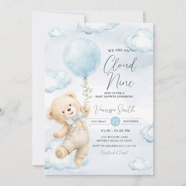 Cloud Nine Baby Shower Invitation Blue Bear  (Front)