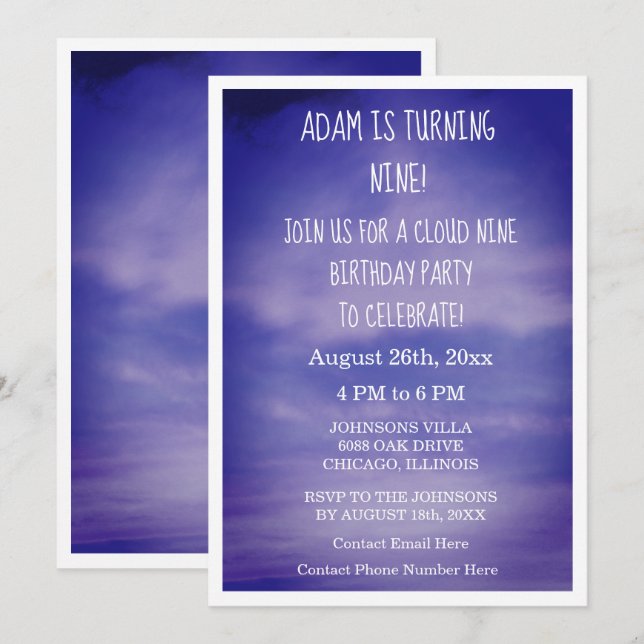 Cloud Nine Birthday Boys Girls 9th Blue Art Dreamy Invitation (Front/Back)