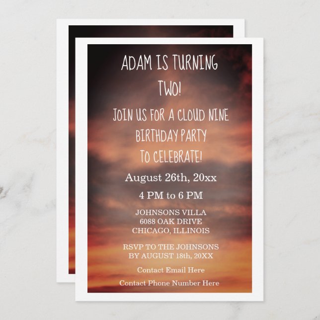 Cloud Nine Birthday Party 2nd Two Custom Age Invitation (Front/Back)