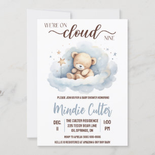 Cloud Nine, Blue Sleeping Teddy Bear Baby Shower Invitation