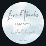 Cloud nine bridal shower favour gift classic round sticker<br><div class="desc">She is on cloud nine bridal shower personalised favour gift stickers,   Pastel watercolor clouds,  grey modern script.</div>