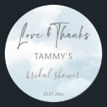 Cloud nine bridal shower favour gift classic round sticker<br><div class="desc">She is on cloud nine bridal shower personalised favour gift stickers,   Pastel watercolor clouds,  grey modern script.</div>