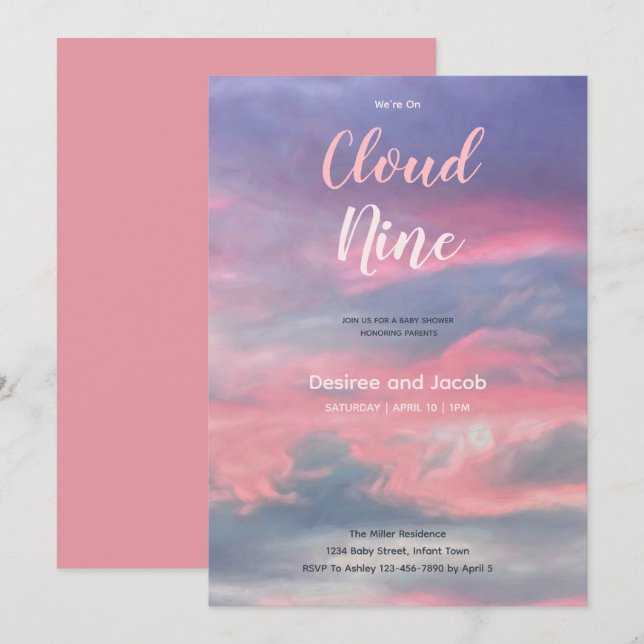 Cloud Nine Girl Pink Blue Baby Shower Invitations (Front/Back)