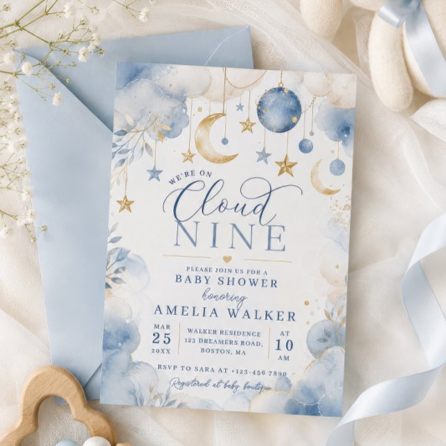 Cloud Nine Moon & Stars Baby Shower Invitation (Creator Uploaded)