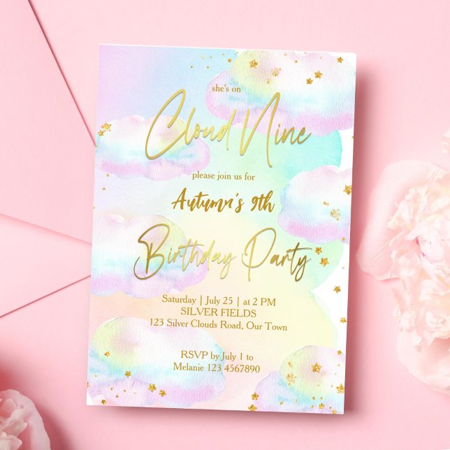Cloud nine pastel rainbow clouds birthday invitation (Cloud nine pastel rainbow clouds gold glitter girls 9th party birthday invitation template download)