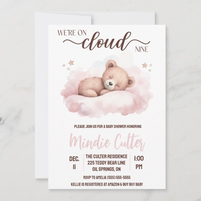 Cloud Nine, Pink Sleeping Teddy Bear Baby Shower Invitation (Front)