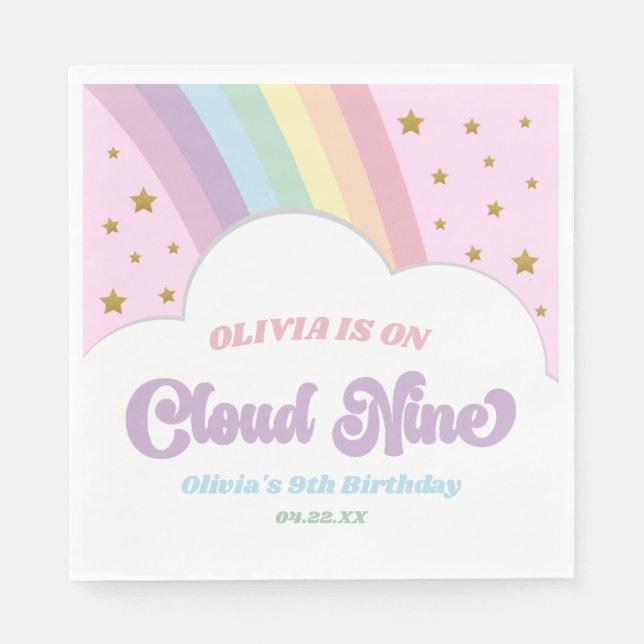 Cloud Nine Rainbow and Stars 9th Birthday Party Napkin (Front)