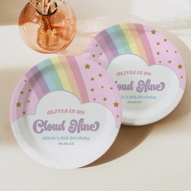 Cloud Nine Rainbow and Stars 9th Birthday Party Paper Plate (Creator Uploaded)