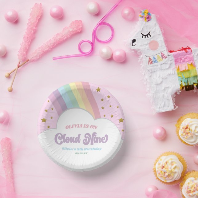 Cloud Nine Rainbow and Stars 9th Birthday Party Paper Plate (Party)