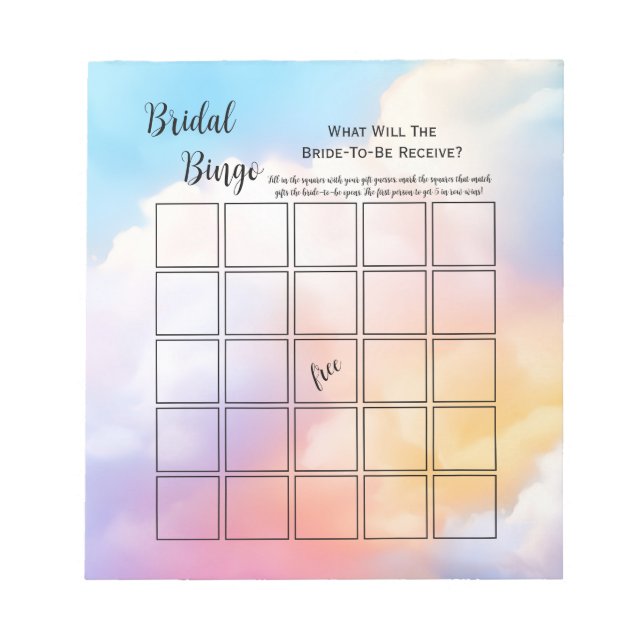 Cloud nine rainbow Bridal Shower Bingo Party Game Notepad (Front)